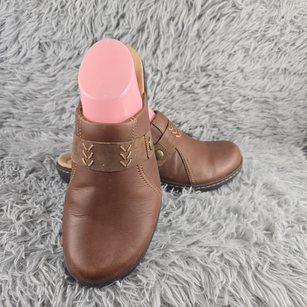 Clarks Womens‎ 9.5 Brown Leather Chevron Stitch Ultimate Comfort Mules Clogs